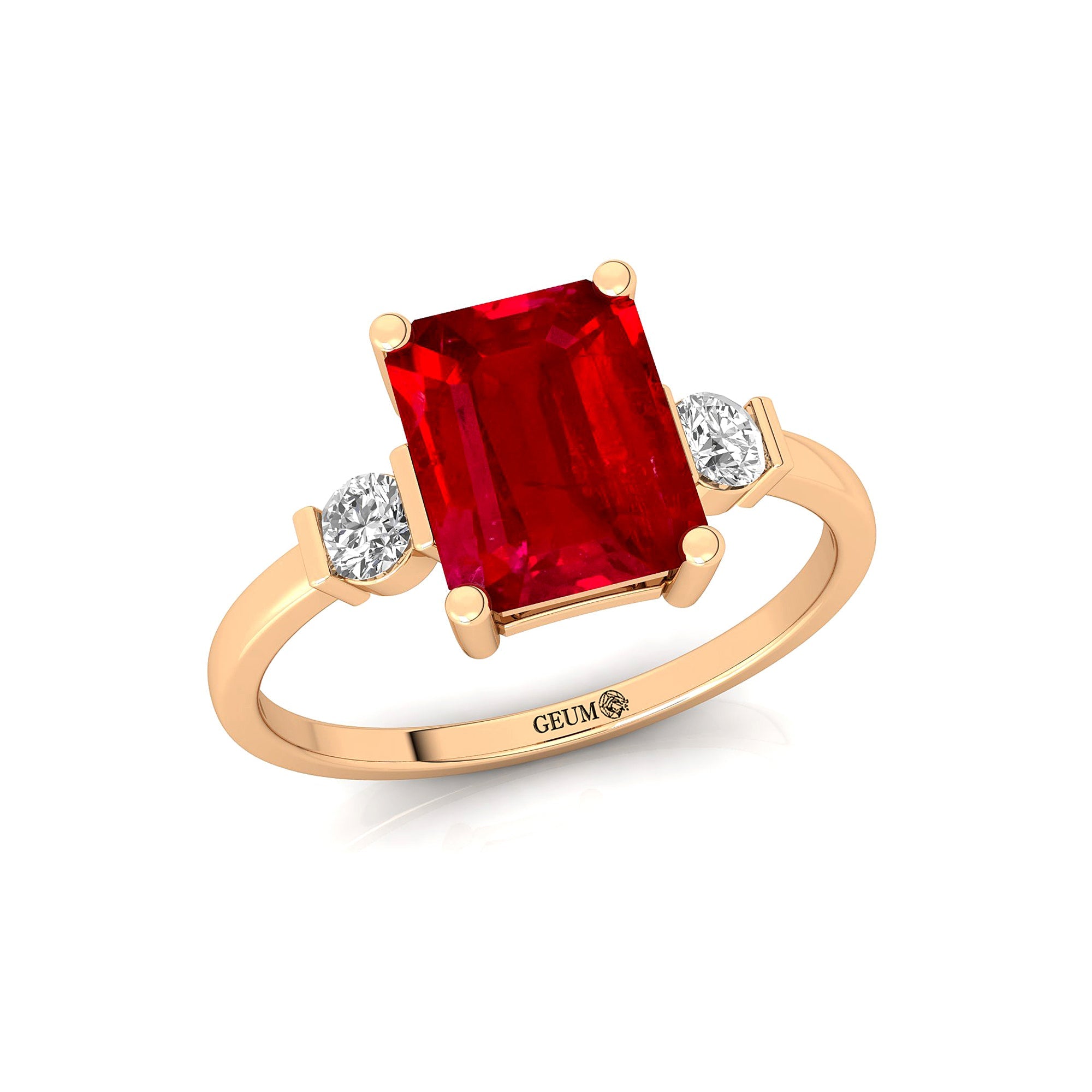 Emerald Cut Ruby and Diamond Three Stone Ring - GeumJewels