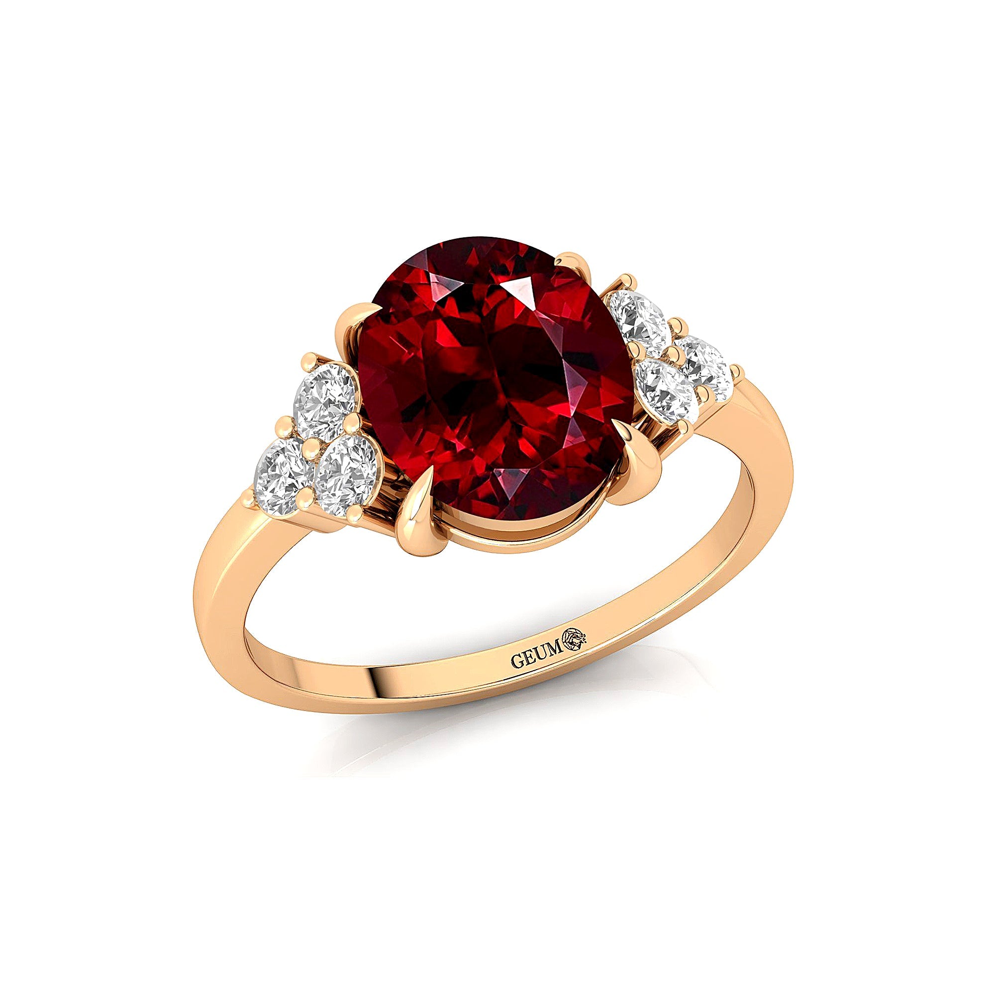 Trio Diamond Engagement Ring with Oval Cut Garnet - GeumJewels