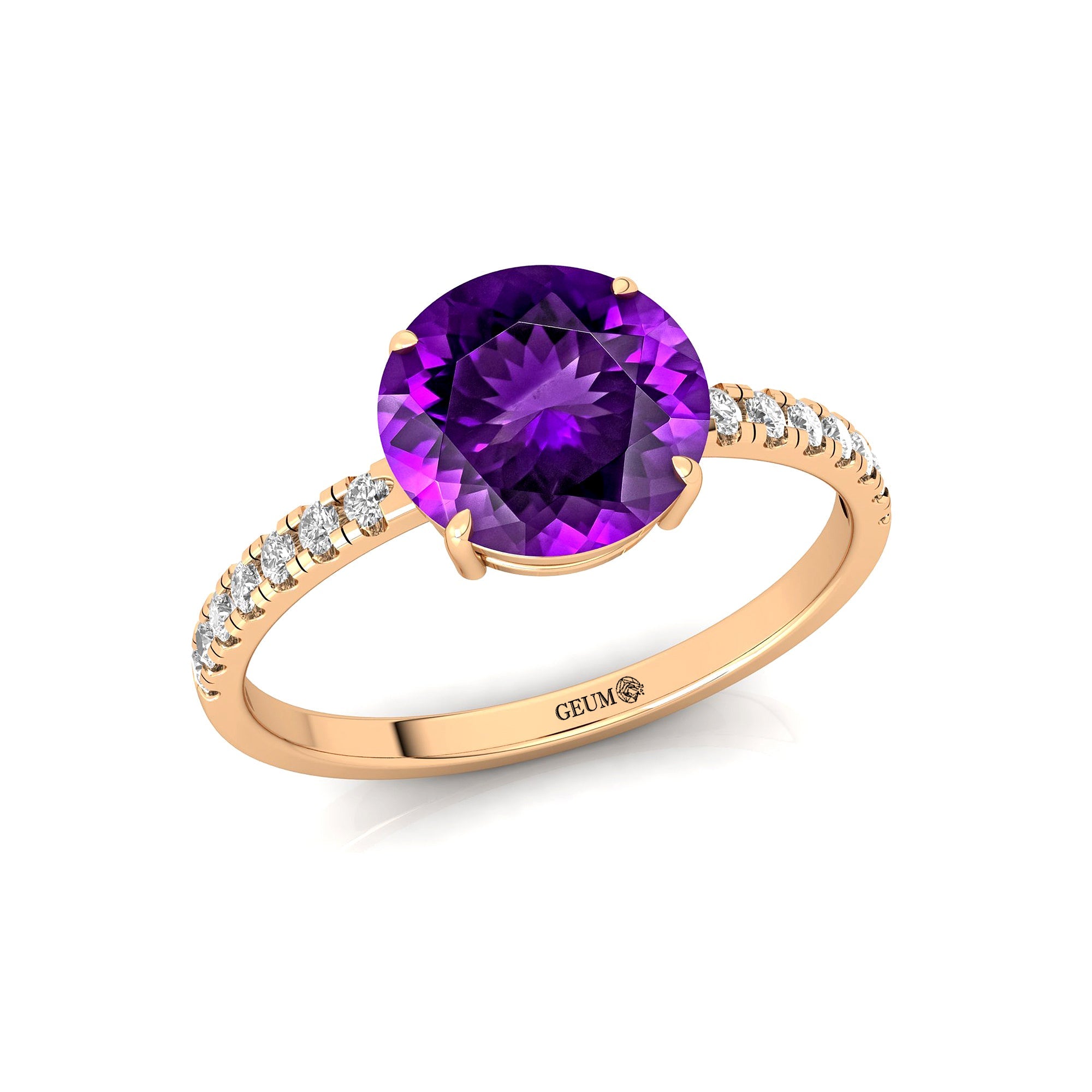 Classic Six Prong Round Solitaire Amethyst Ring with Accent Diamond Band - GeumJewels
