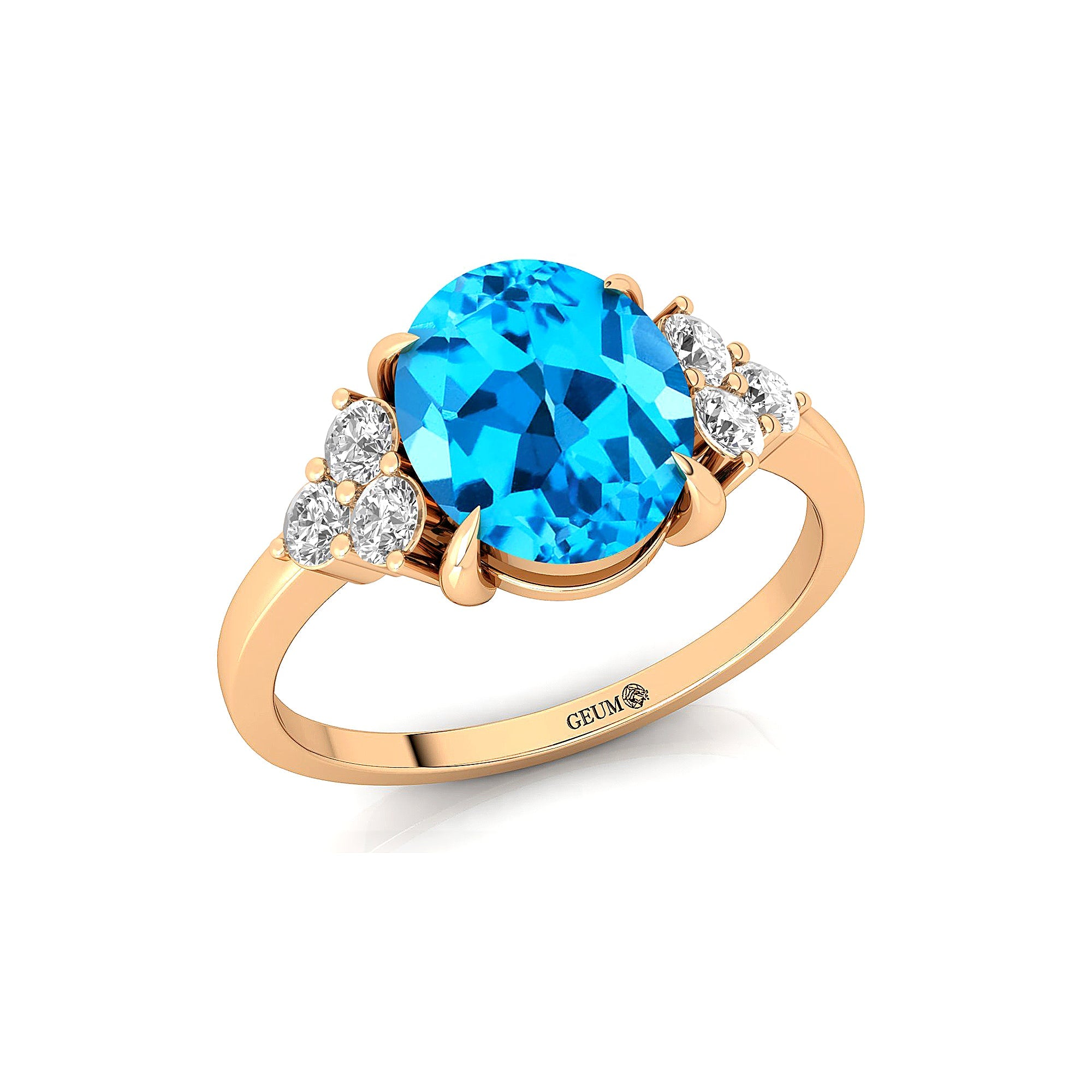 Trio Diamond Engagement Ring with Oval Cut Swiss Blue Topaz - GeumJewels