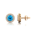 Round Solitaire Swiss Blue Topaz Halo Diamond Stud Earrings - GeumJewels