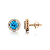 Round Solitaire Swiss Blue Topaz Halo Diamond Stud Earrings - GeumJewels