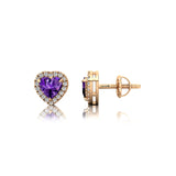 Heart Shaped Amethyst Halo Diamond Stud Earrings - GeumJewels