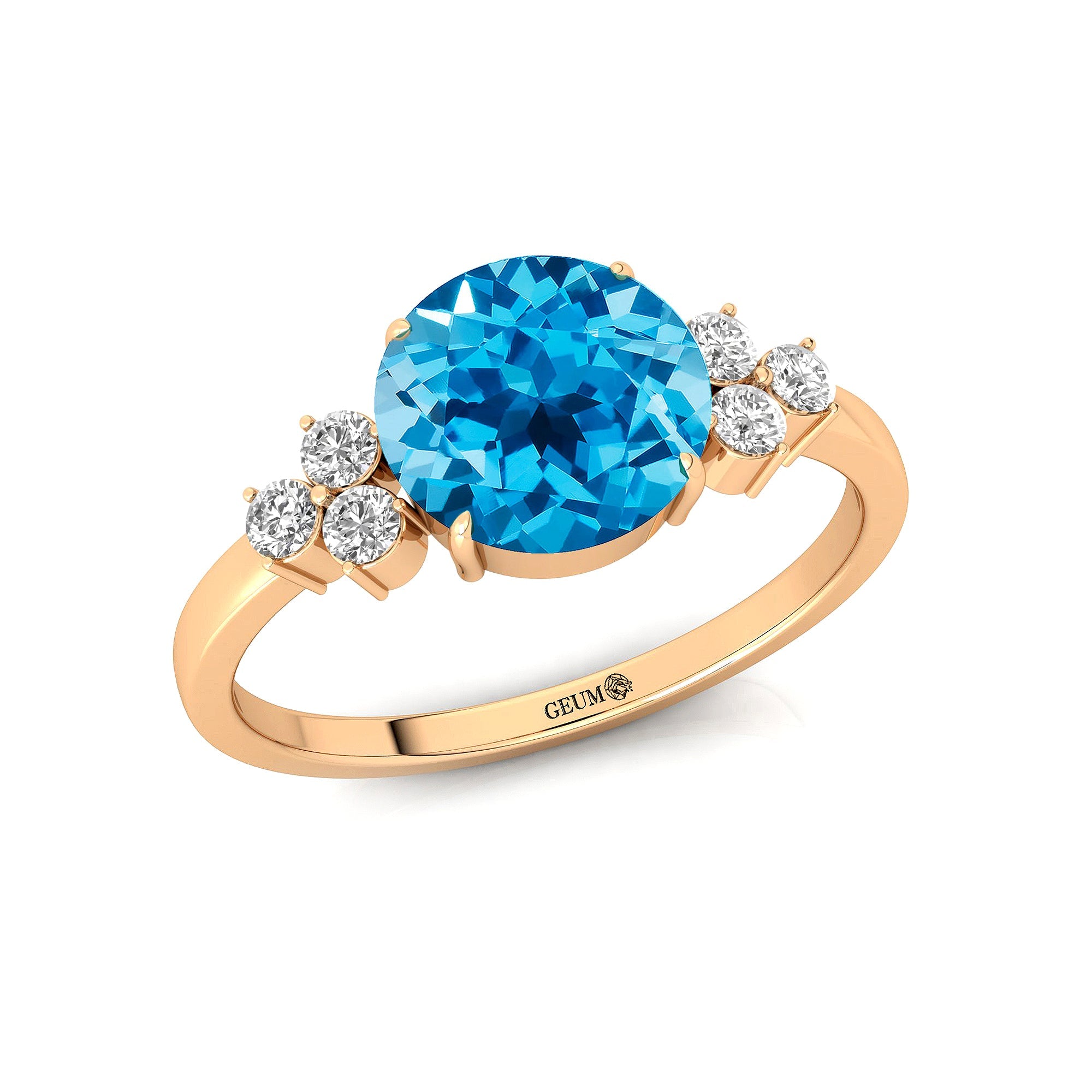 Trio Diamond Engagement Ring with Round Solitaire Swiss Blue Topaz - GeumJewels