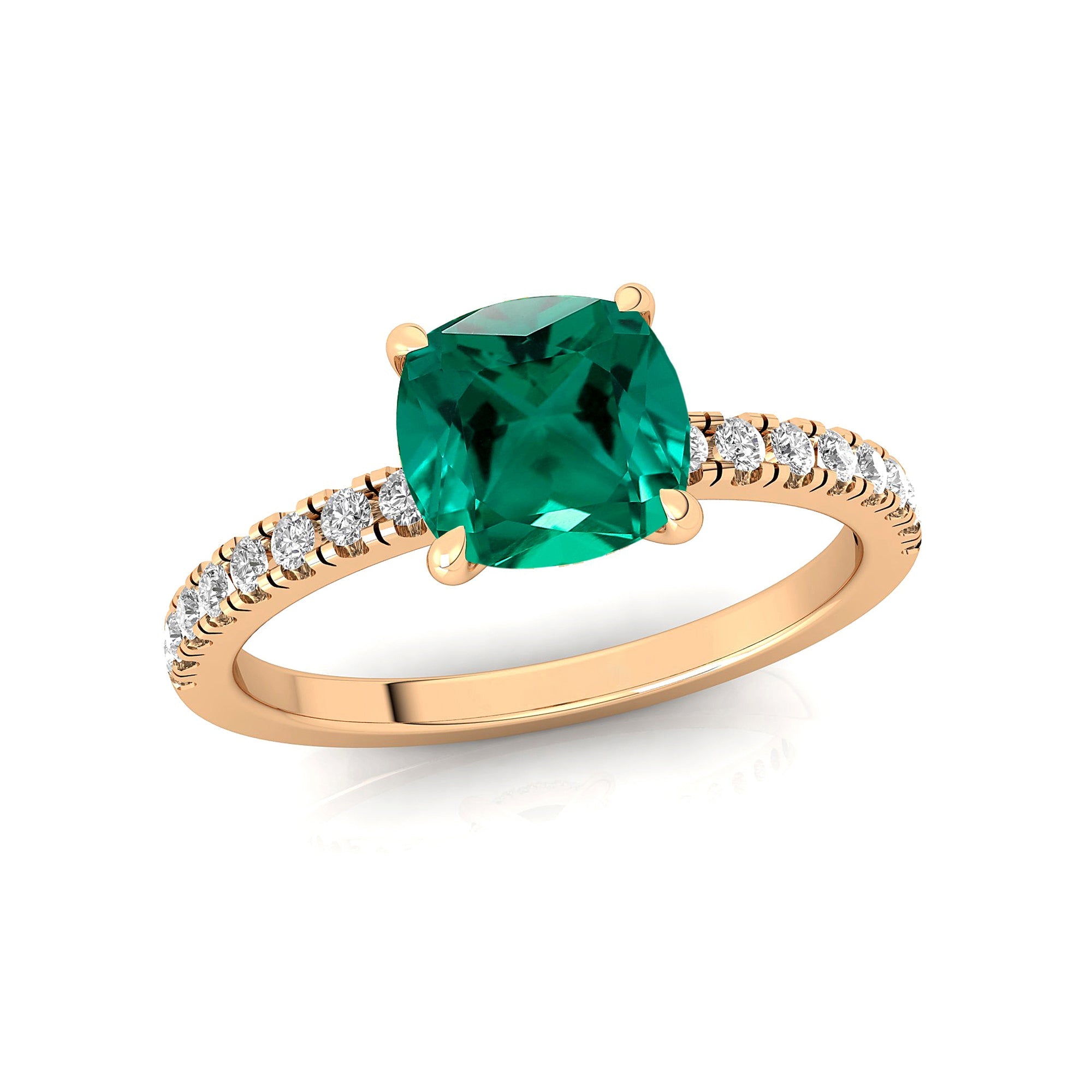 Emerald Square Cushion Under Halo Diamonds Thin Ring with Diamond Band - GeumJewels
