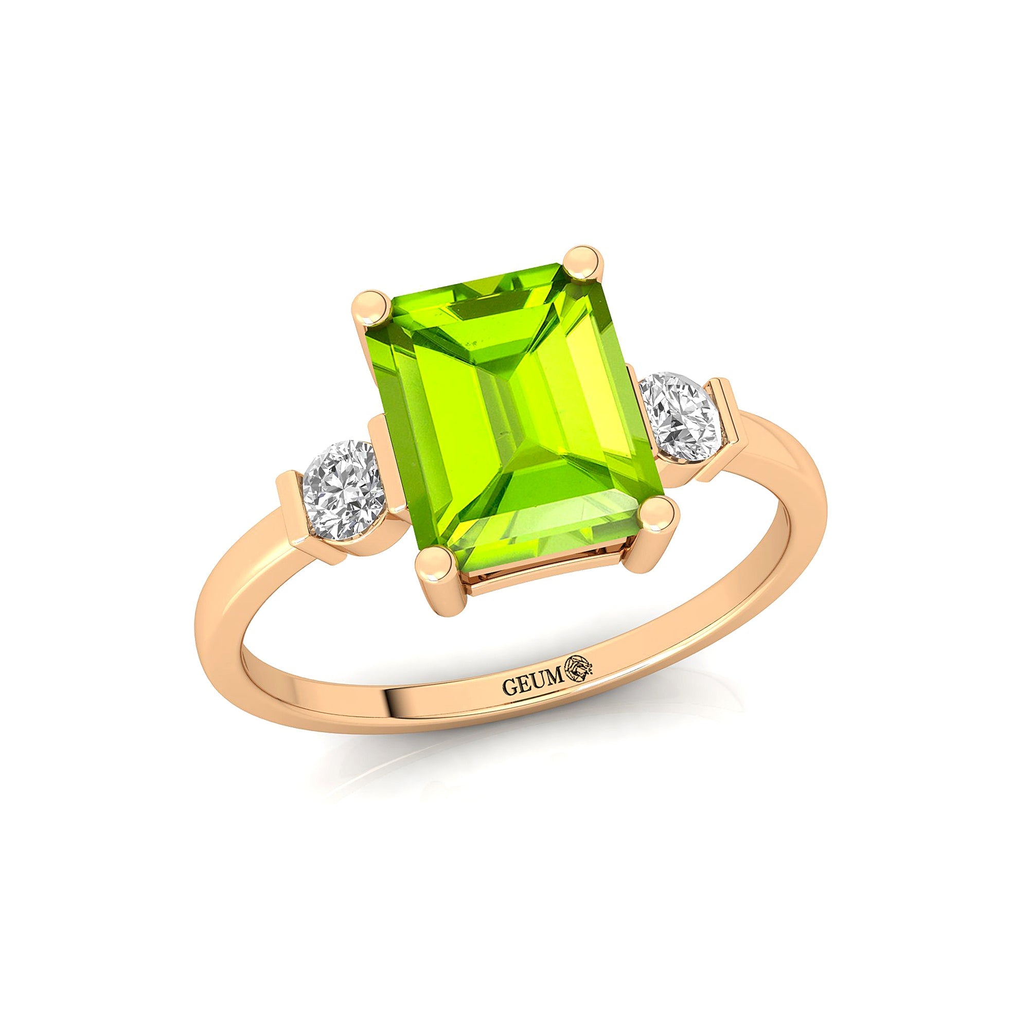 Emerald Cut Peridot and Diamond Three Stone Ring - GeumJewels
