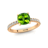 Peridot Square Cushion Under Halo Diamonds Thin Ring with Diamond Band - GeumJewels