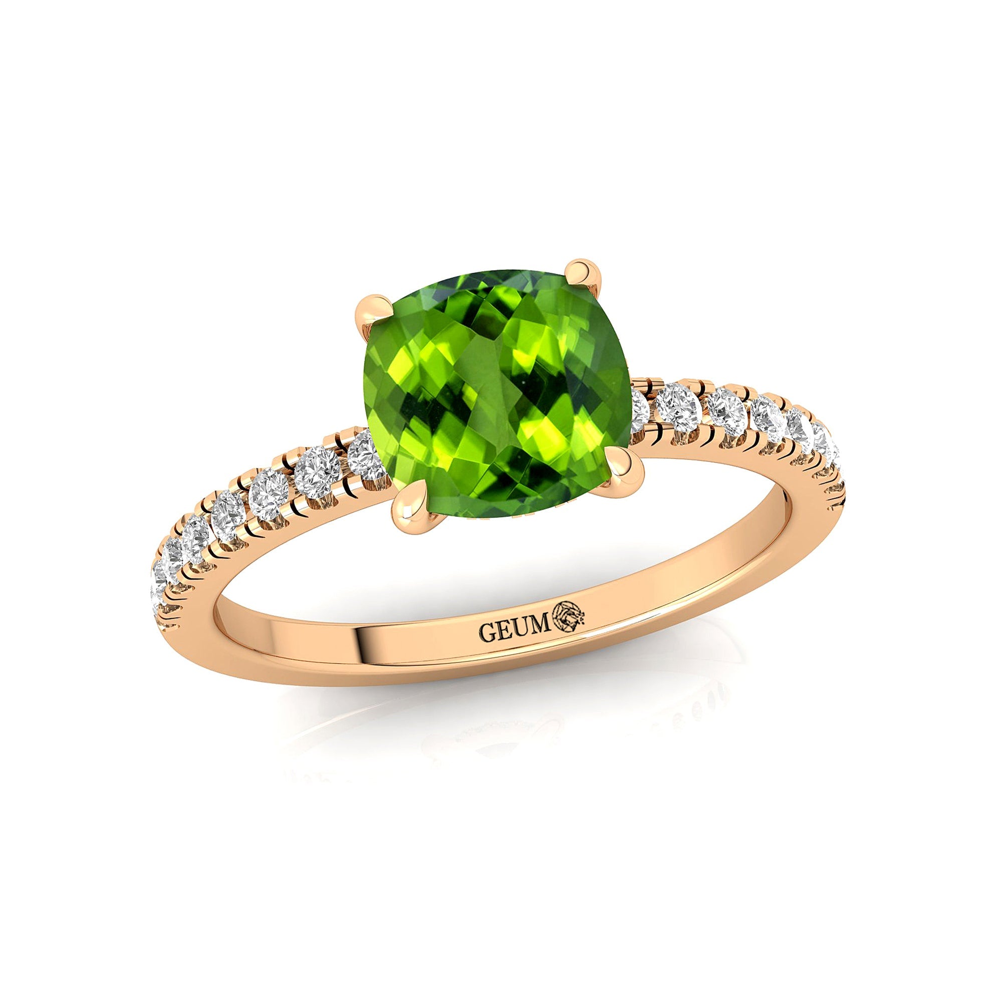 Peridot Square Cushion Under Halo Diamonds Thin Ring with Diamond Band - GeumJewels