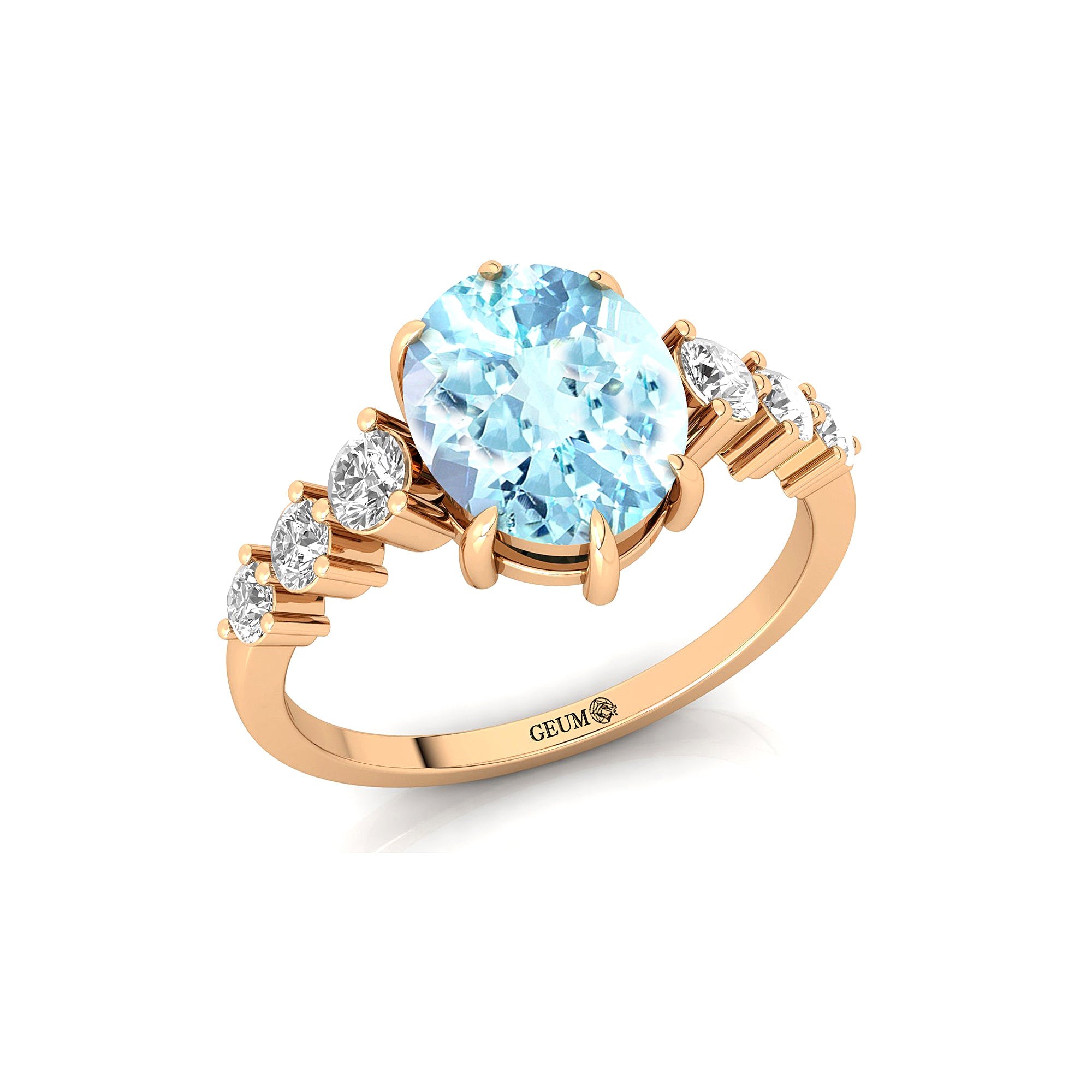 Oval Cut Aquamarine with Graduated Diamonds Ring - GeumJewels