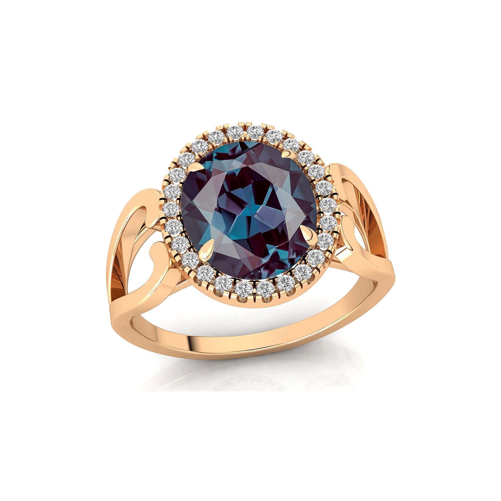 Vintage Love Inspired Oval Alexandrite Halo Diamond Engagement Ring - GeumJewels