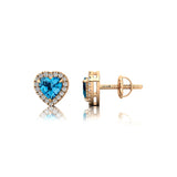 Heart Shaped Swiss Blue Topaz Halo Diamond Stud Earrings - GeumJewels