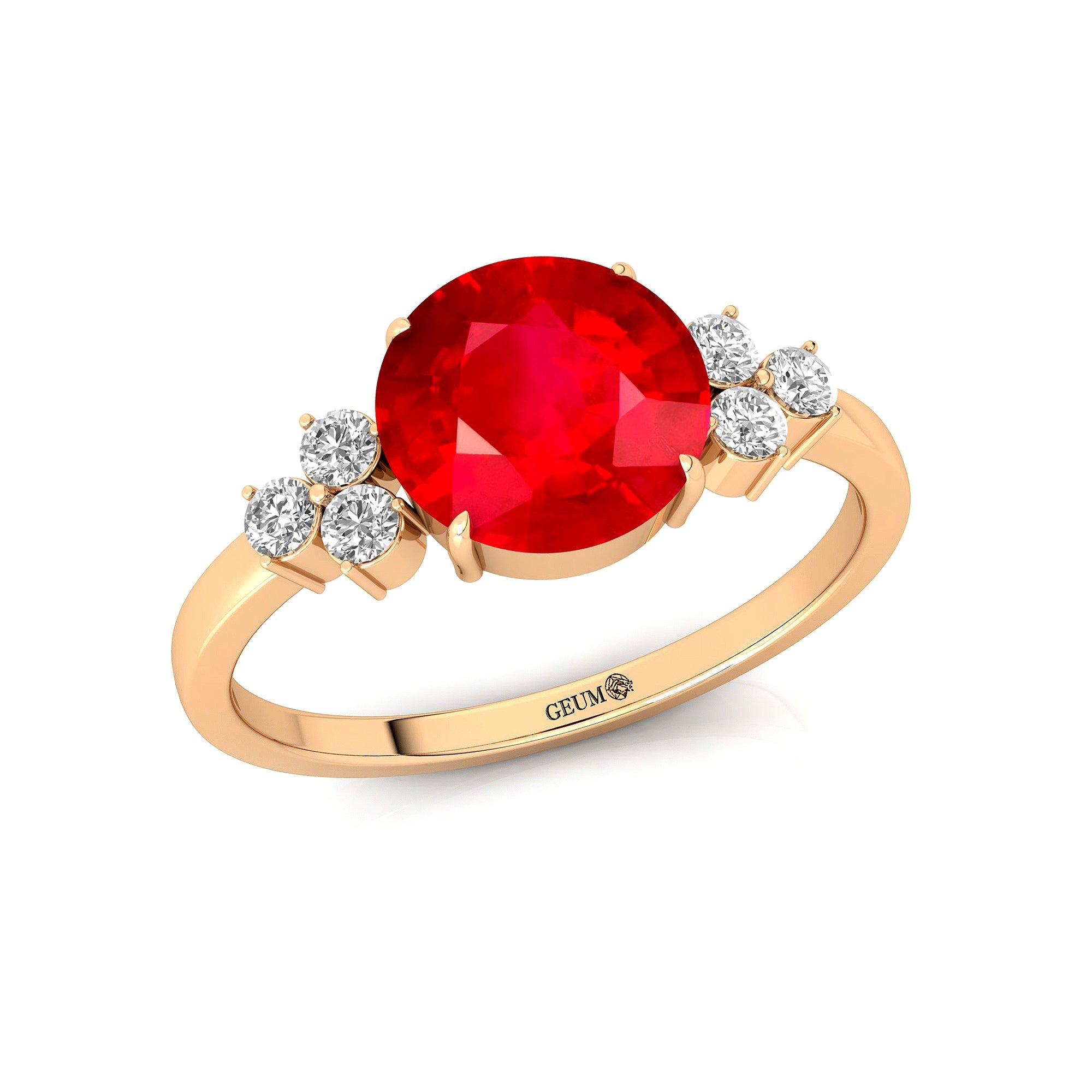 Trio Diamond Engagement Ring with Round Solitaire Ruby - GeumJewels