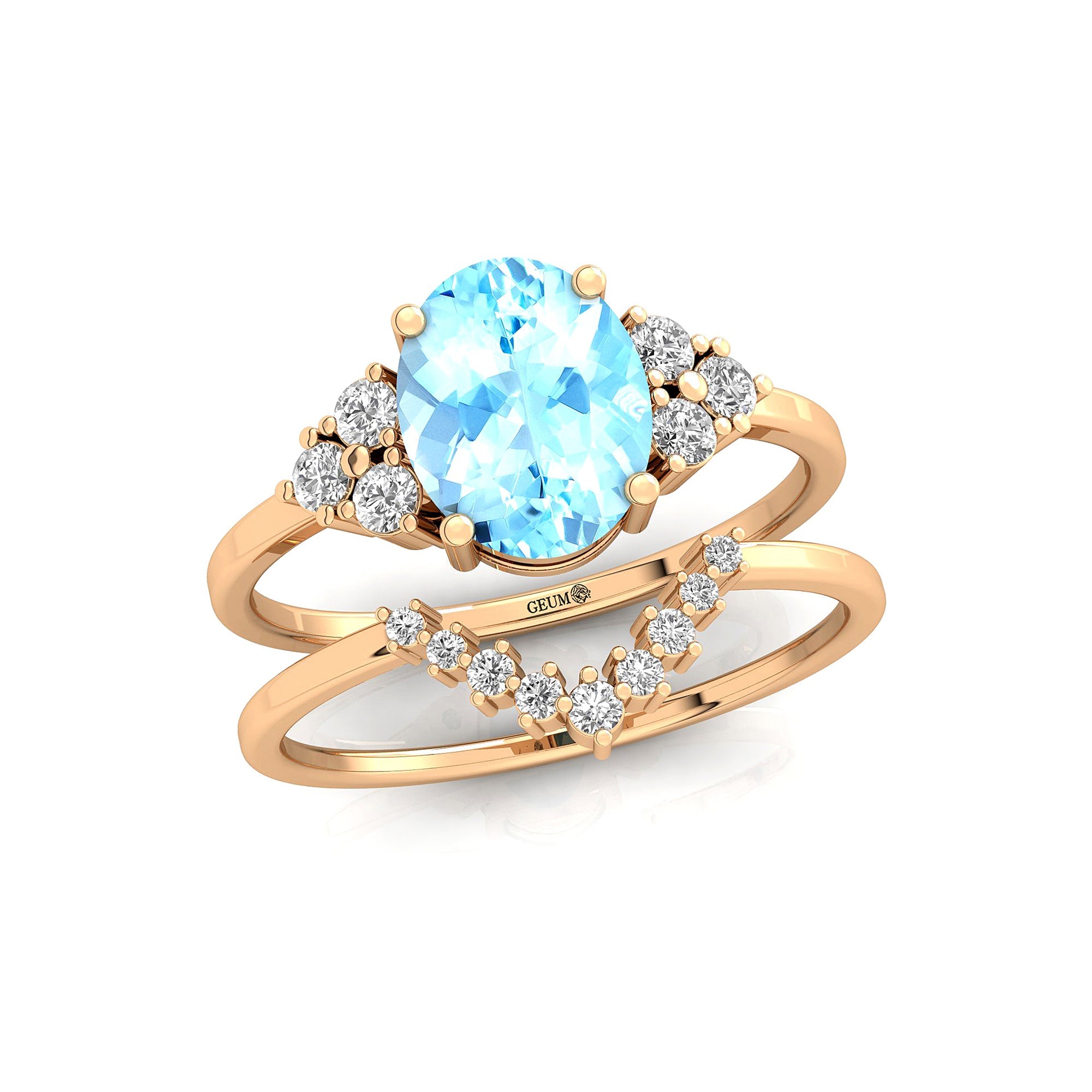 Aquamarine Solitaire Ring With Stackable Diamond Band - GeumJewels