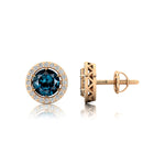 Round Solitaire London Blue Topaz Halo Diamond Stud Earrings - GeumJewels