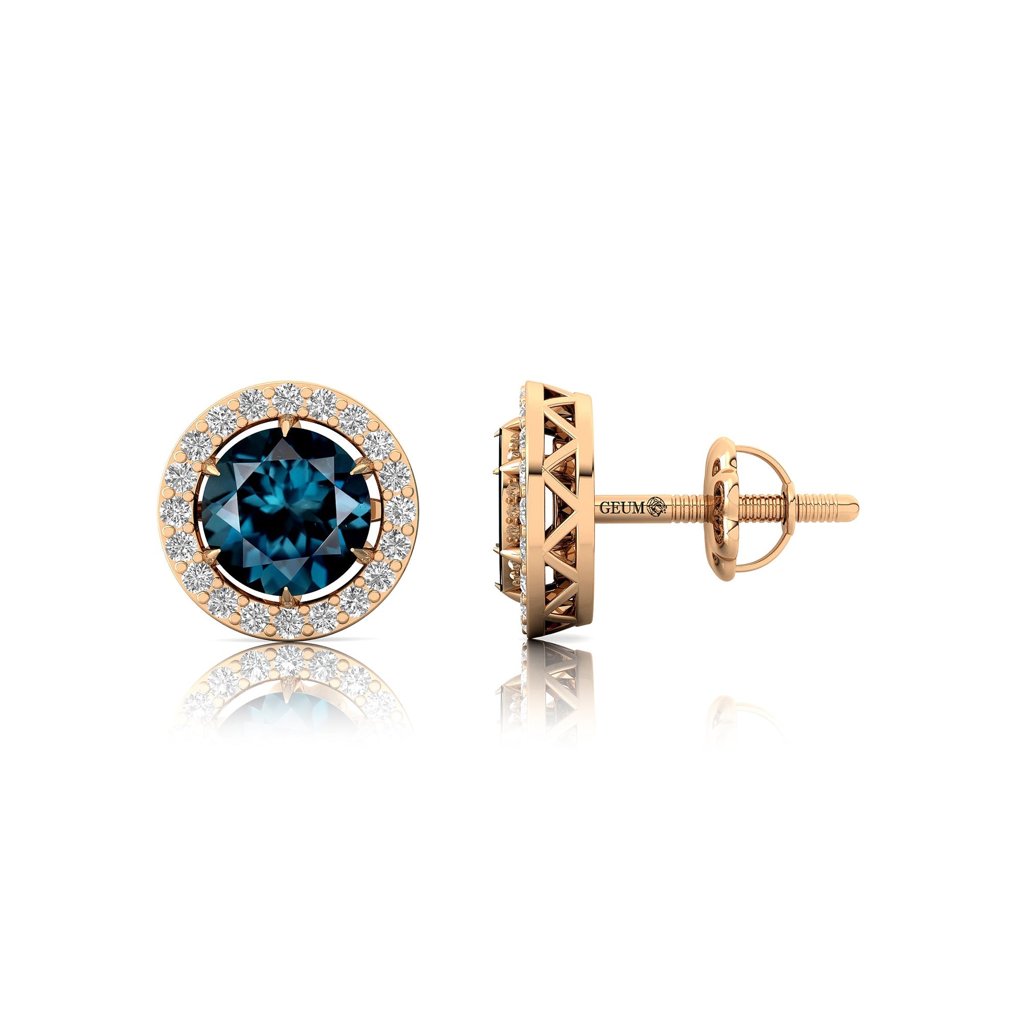 Round Solitaire London Blue Topaz Halo Diamond Stud Earrings - GeumJewels