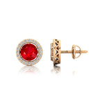 Round Solitaire Ruby Halo Diamond Stud Earrings - GeumJewels