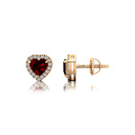 Heart Shaped Garnet Halo Diamond Stud Earrings - GeumJewels