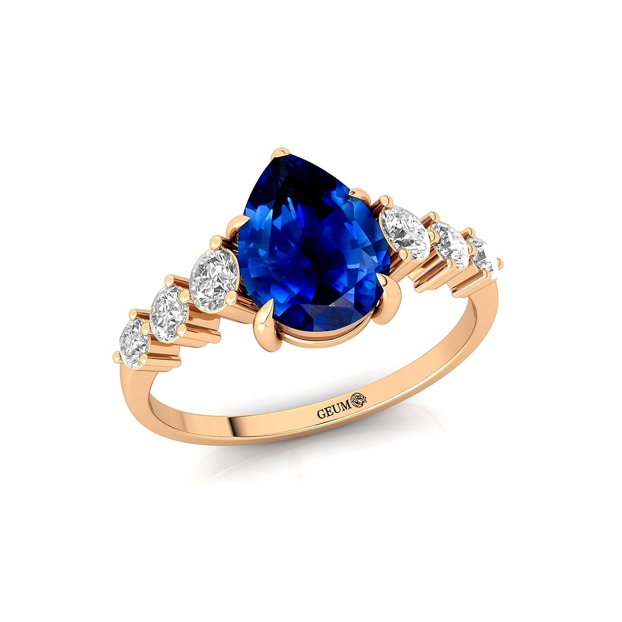 Pear Cut Blue Sapphire with Graduated Diamonds Ring - GeumJewels