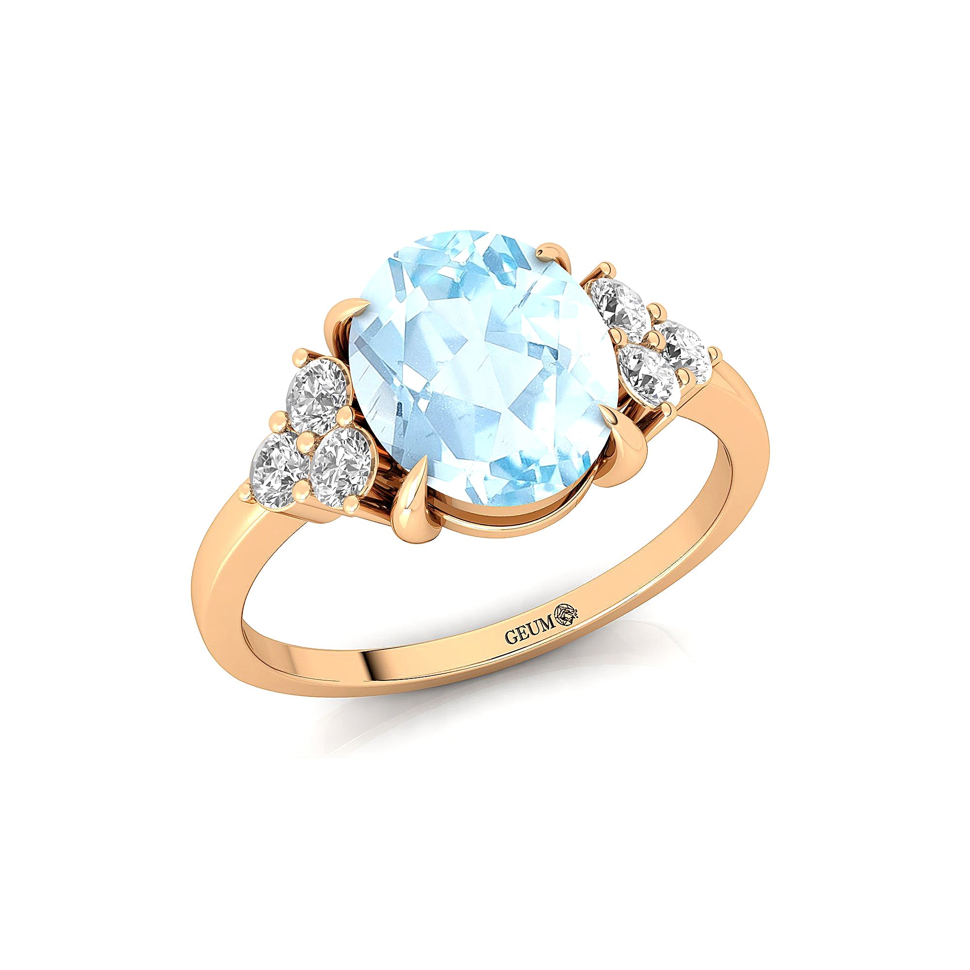 Trio Diamond Engagement Ring with Oval Cut Aquamarine - GeumJewels