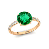 Classic Six Prong Round Solitaire Emerald Ring with Accent Diamond Band - GeumJewels
