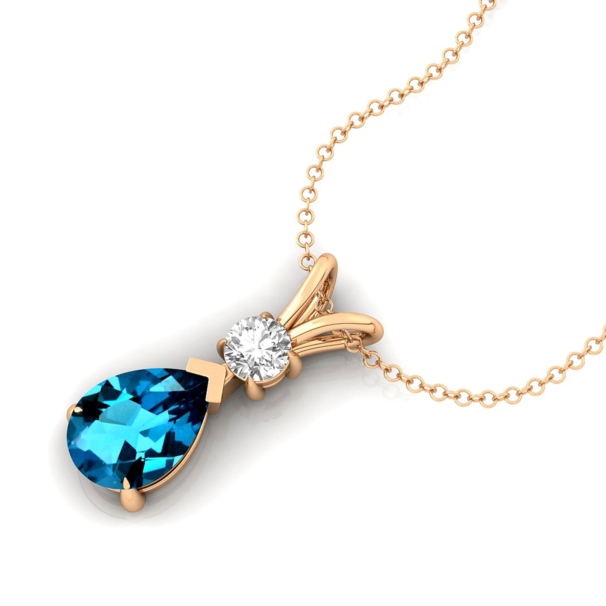 London Blue Topaz Teardrop Pendant with Solitaire Diamond - GeumJewels