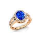 Solitaire Oval Blue Sapphire Split Shank Diamond Engagement Ring - GeumJewels