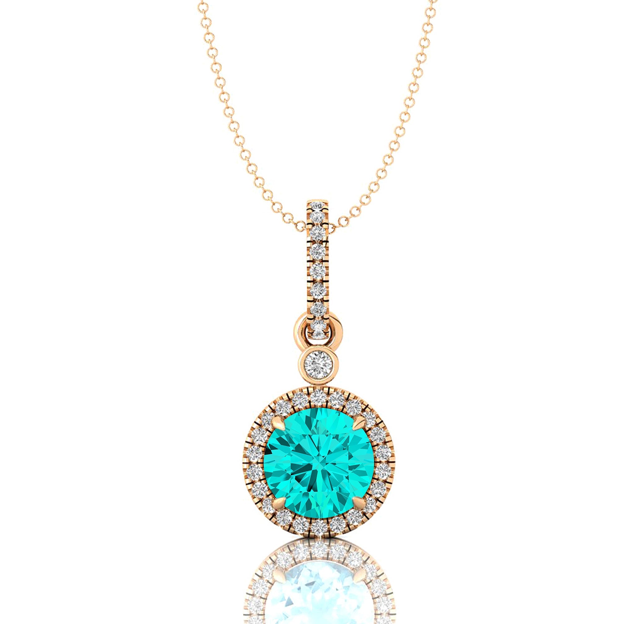 Classic Solitaire Round Paraiba Tourmaline Halo Diamond Dangle Pendant - GeumJewels