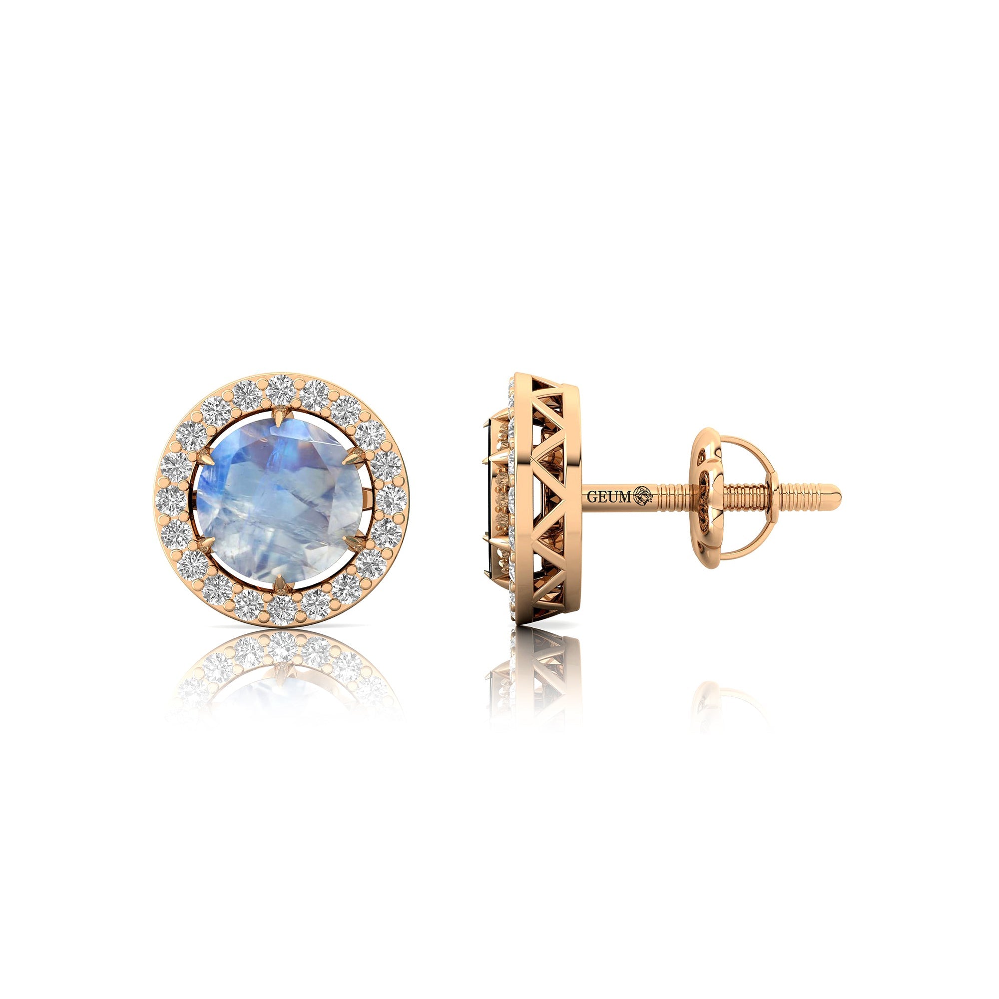 Round Solitaire Moonstone Halo Diamond Stud Earrings - GeumJewels