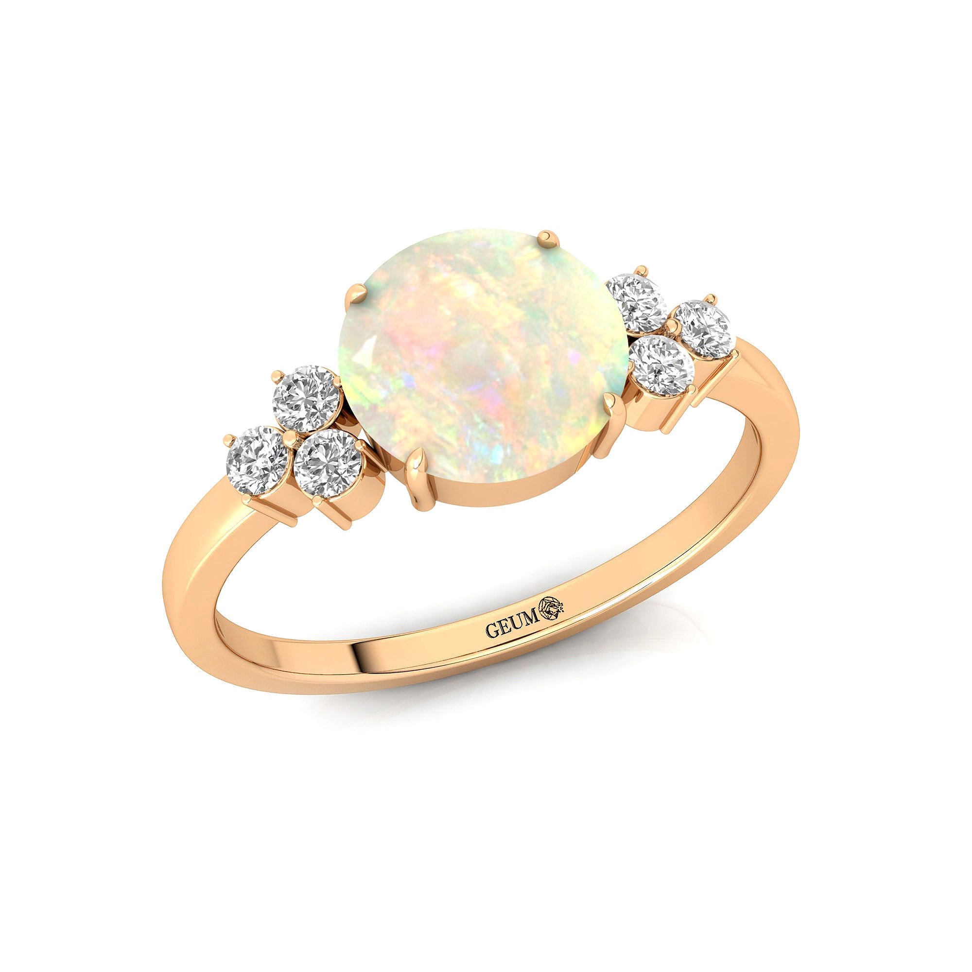 Trio Diamond Engagement Ring with Round Solitaire Opal - GeumJewels
