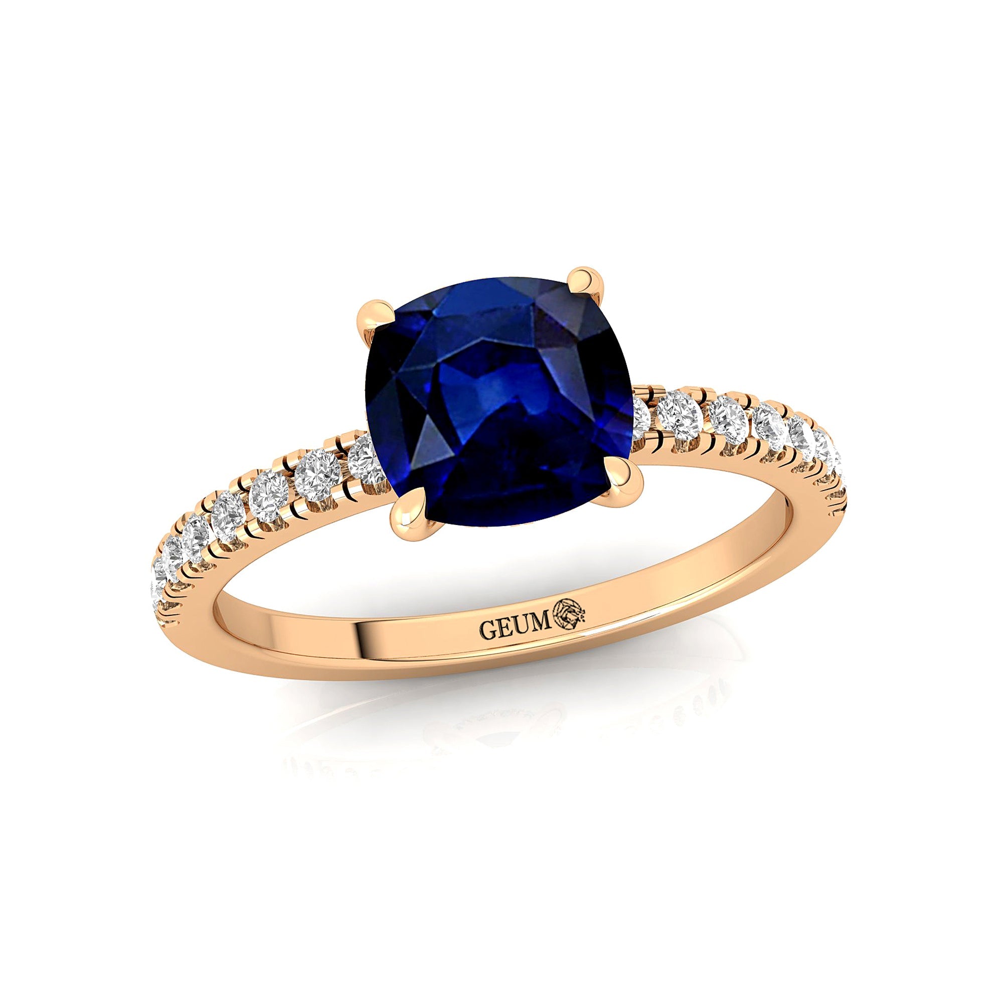 Blue Sapphire Square Cushion Under Halo Diamonds Thin Ring with Diamond Band - GeumJewels