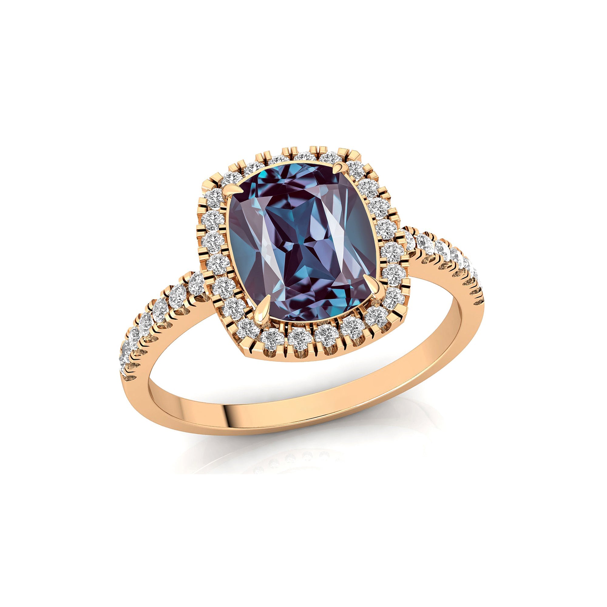 Elongated Cushion Halo Set Alexandrite Engagement Ring with Diamond Band - GeumJewels