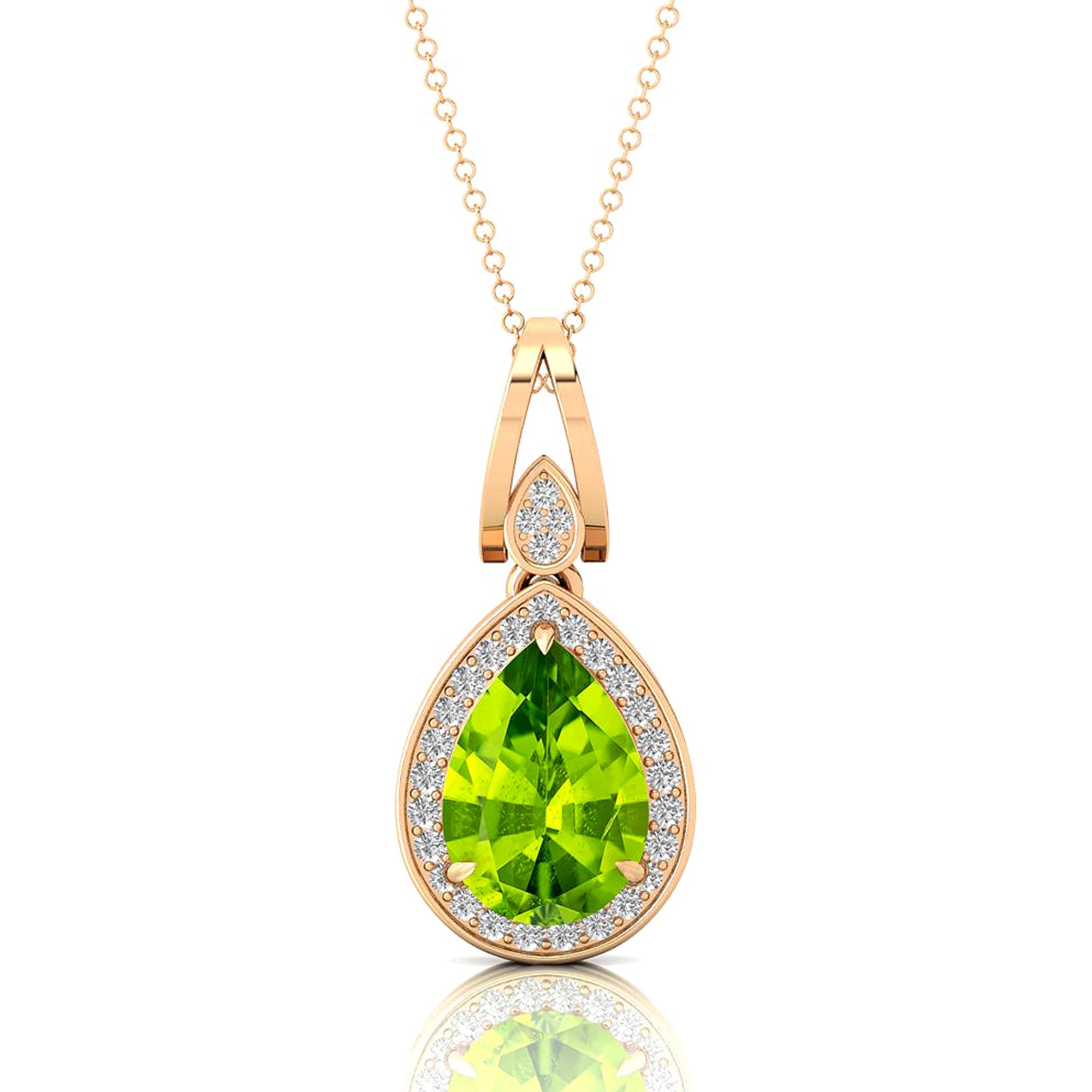 Classic Teardrop Shaped Peridot Halo Diamond Dangle Pendant - GeumJewels