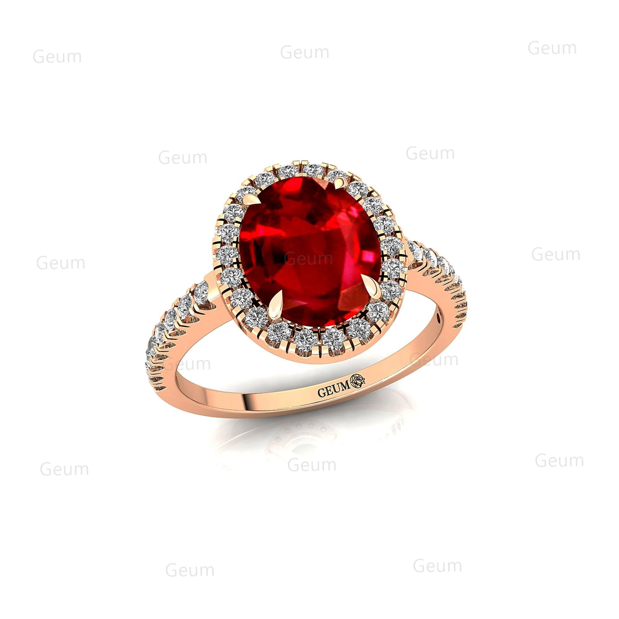 Oval Solitaire Ruby Halo Diamond Engagement Ring - GeumJewels