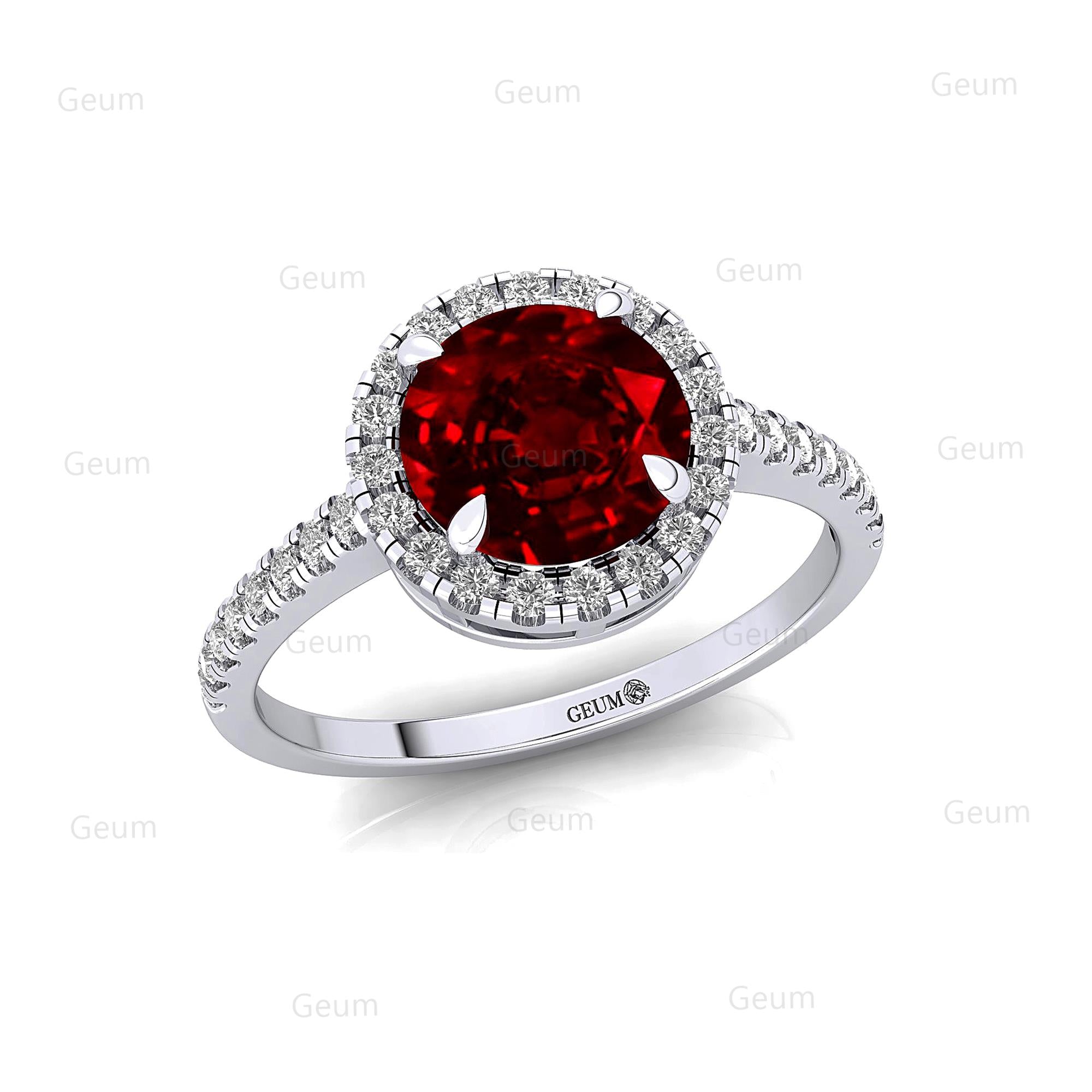 Classic Round Halo Diamonds with Solitaire Ruby Engagement Ring - GeumJewels
