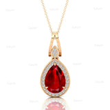 Classic Teardrop Shaped Ruby Halo Diamond Dangle Pendant - GeumJewels