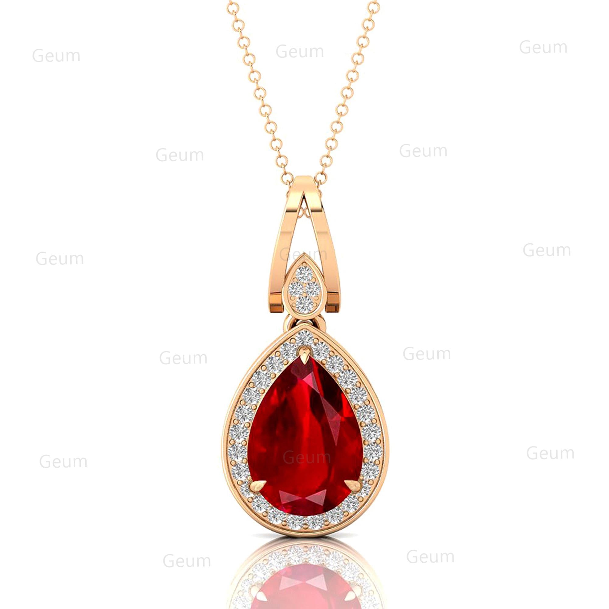 Classic Teardrop Shaped Ruby Halo Diamond Dangle Pendant - GeumJewels