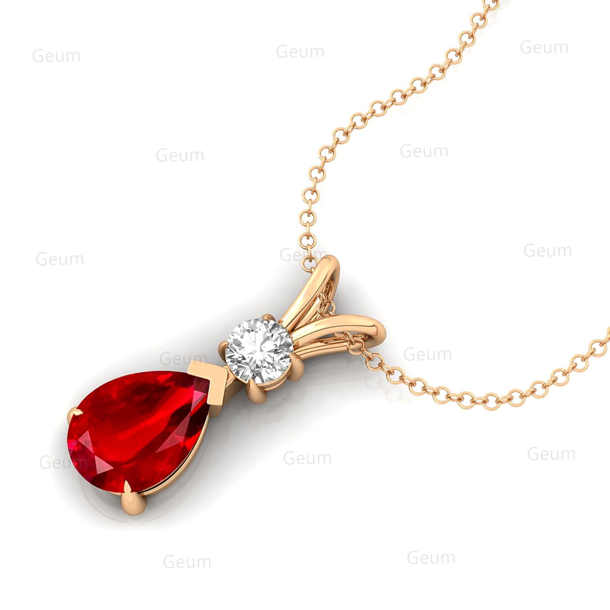 Ruby Teardrop Pendant with Solitaire Diamond - GeumJewels