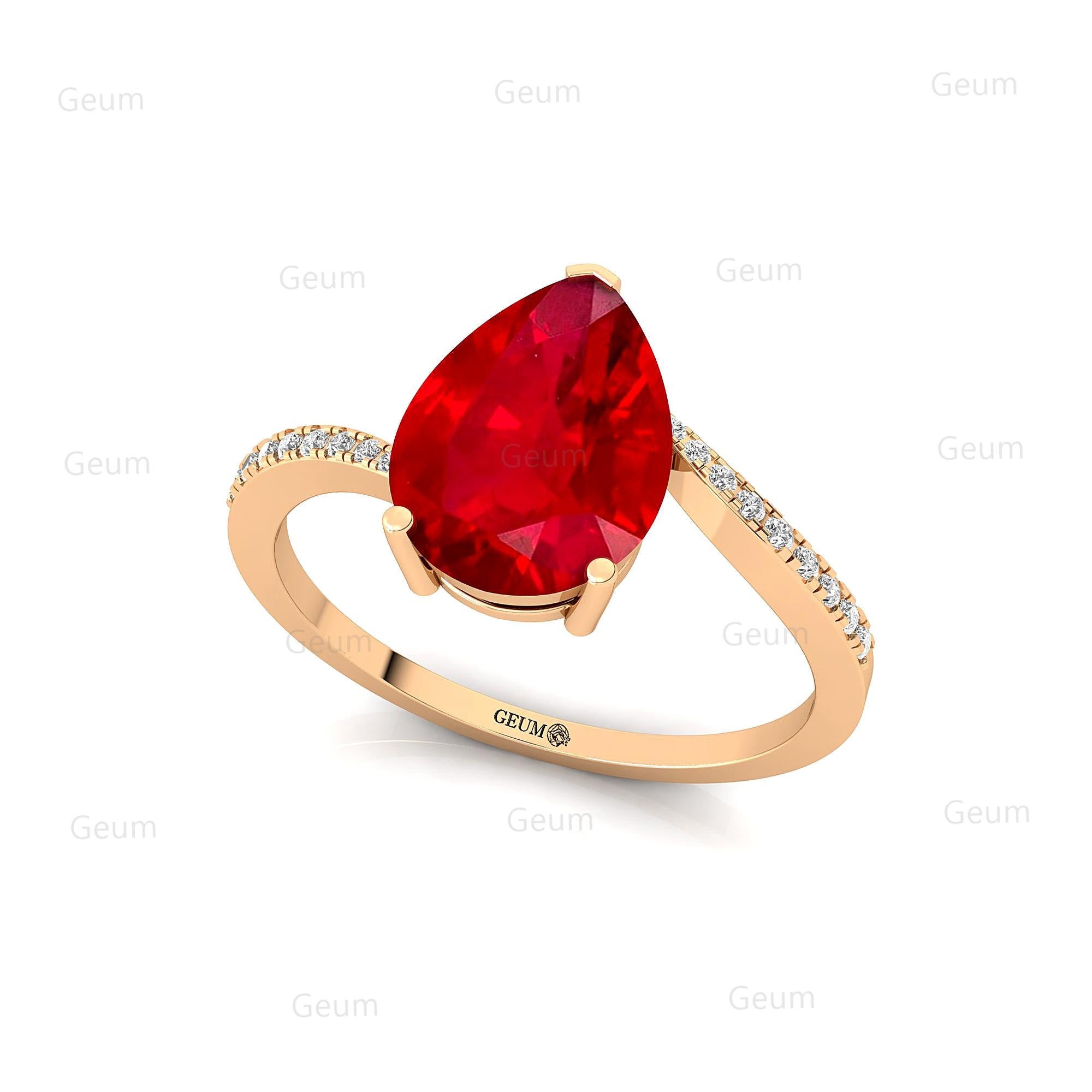 Twisted Up Down Band Pear Shaped Ruby Ring with Accent Diamonds - GeumJewels