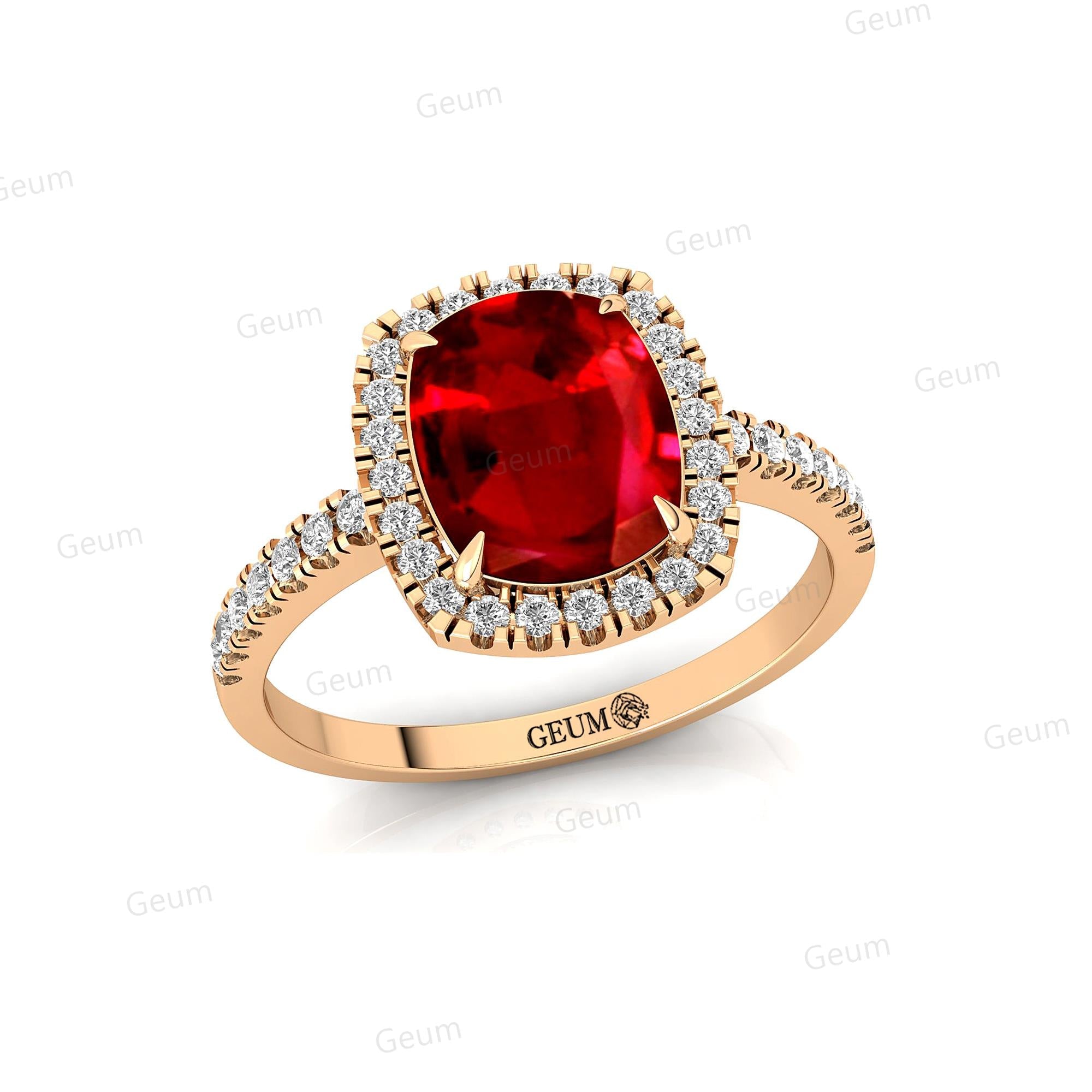 Elongated Cushion Halo Set Ruby Engagement Ring with Diamond Band - GeumJewels