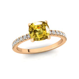 Yellow Sapphire Square Cushion Under Halo Diamonds Thin Ring with Diamond Band - GeumJewels