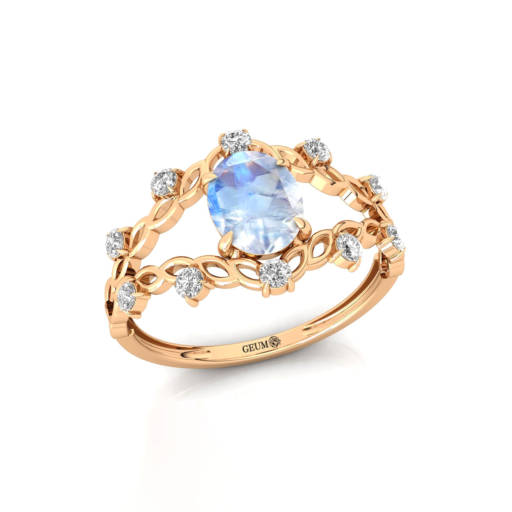 Flower Inspired Ring with Oval Shaped Moonstone and Accent Diamonds - GeumJewels