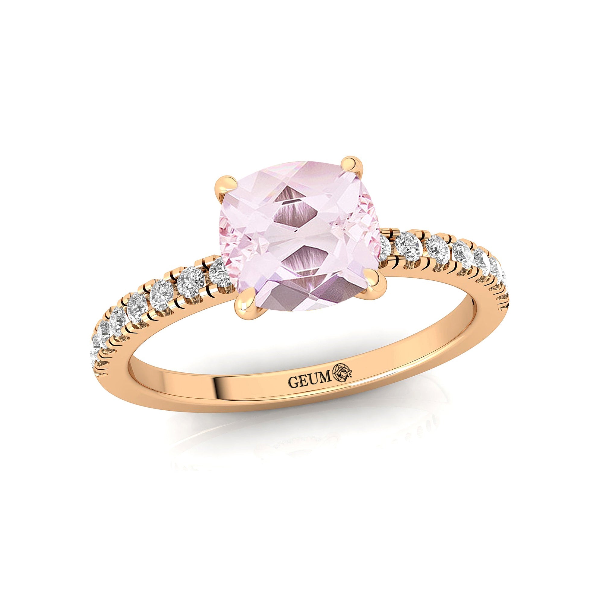 Morganite Square Cushion Under Halo Diamonds Thin Ring with Diamond Band - GeumJewels