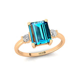 Emerald Cut London Blue Topaz and Diamond Three Stone Ring - GeumJewels