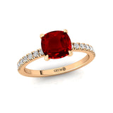 Ruby Square Cushion Under Halo Diamonds Thin Ring with Diamond Band - GeumJewels