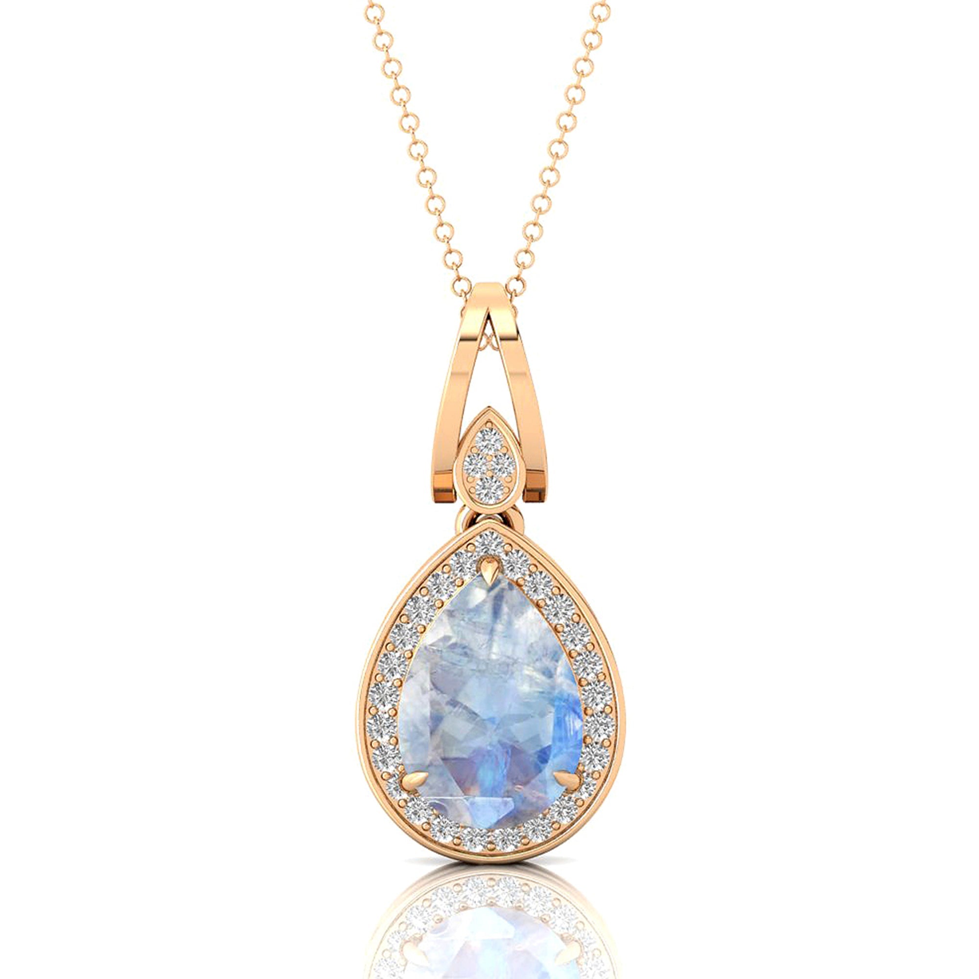 Classic Teardrop Shaped Moonstone Halo Diamond Dangle Pendant - GeumJewels