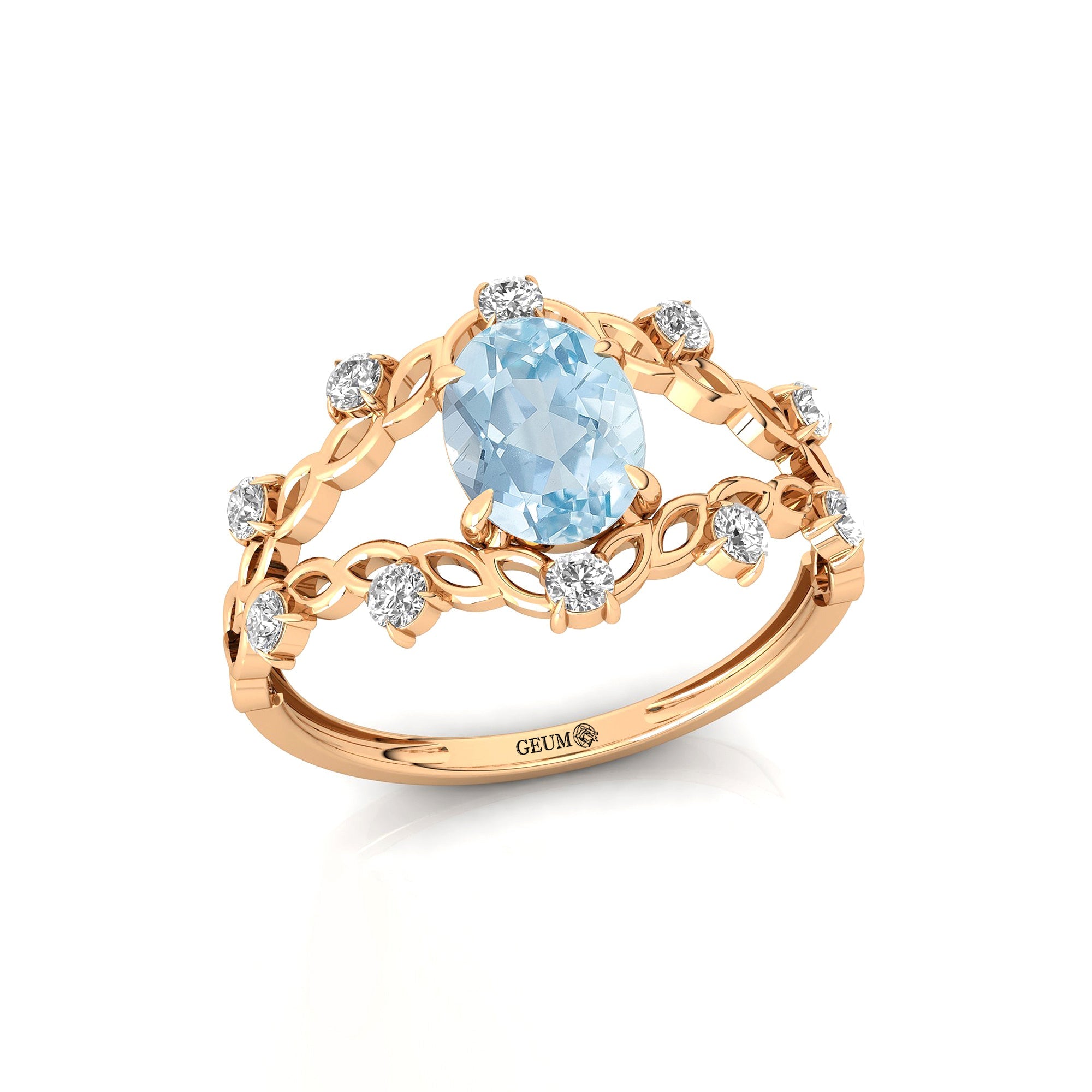 Flower Inspired Ring with Oval Shaped Aquamarine and Accent Diamonds - GeumJewels