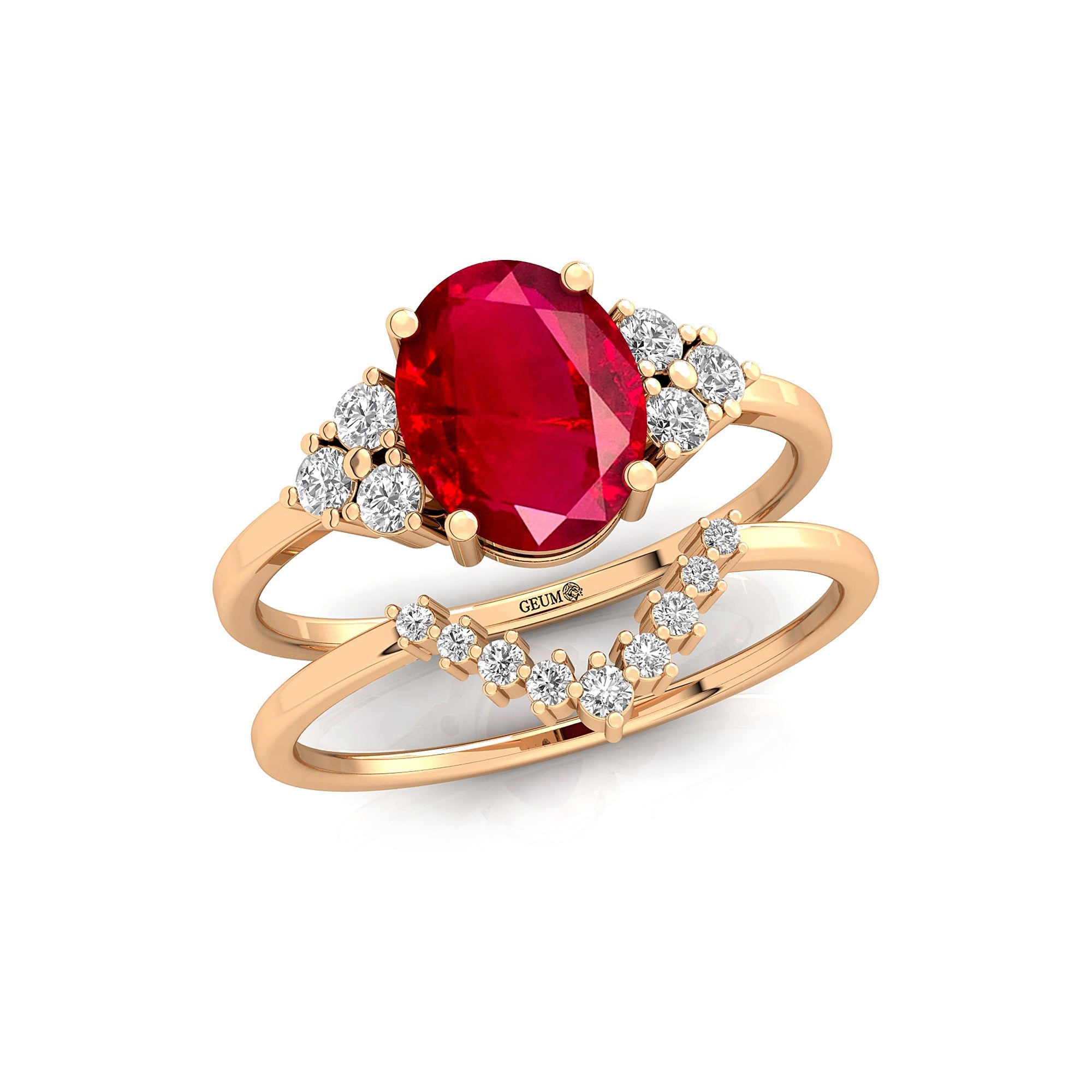 Ruby Solitaire Gemstone Ring With Stackable Diamond Band - GeumJewels