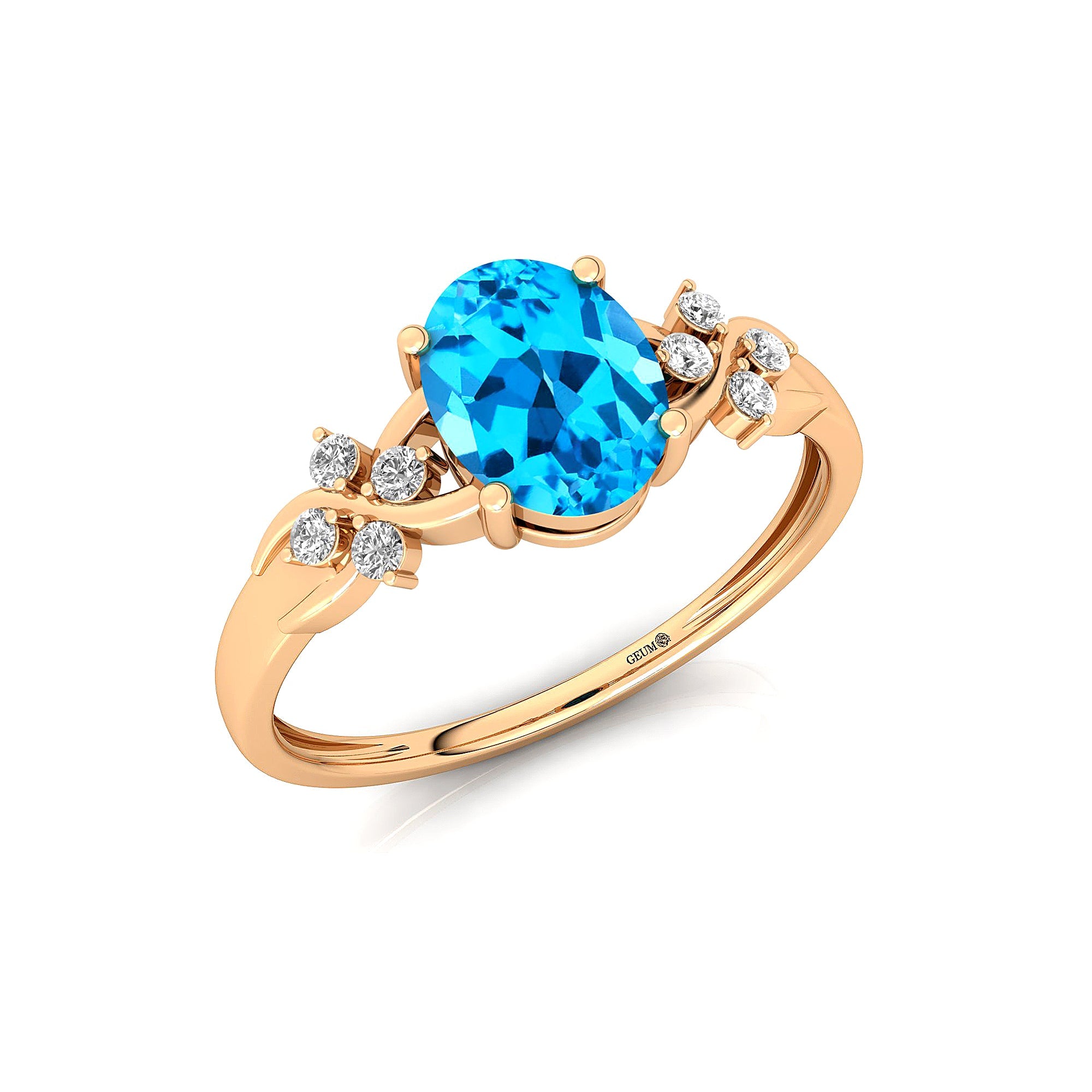 Criss Cross Diamond Ring with Oval Cut Swiss Blue Topaz - GeumJewels