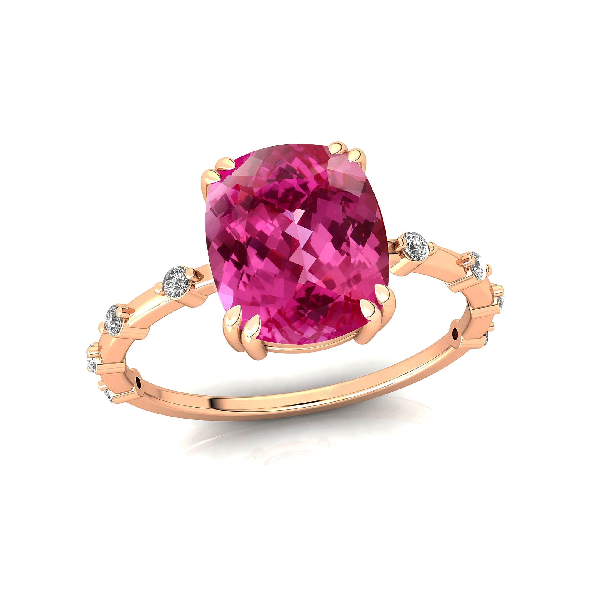 Cushion Cut Pink Sapphire Engagement Ring with Distant Diamond Band - GeumJewels