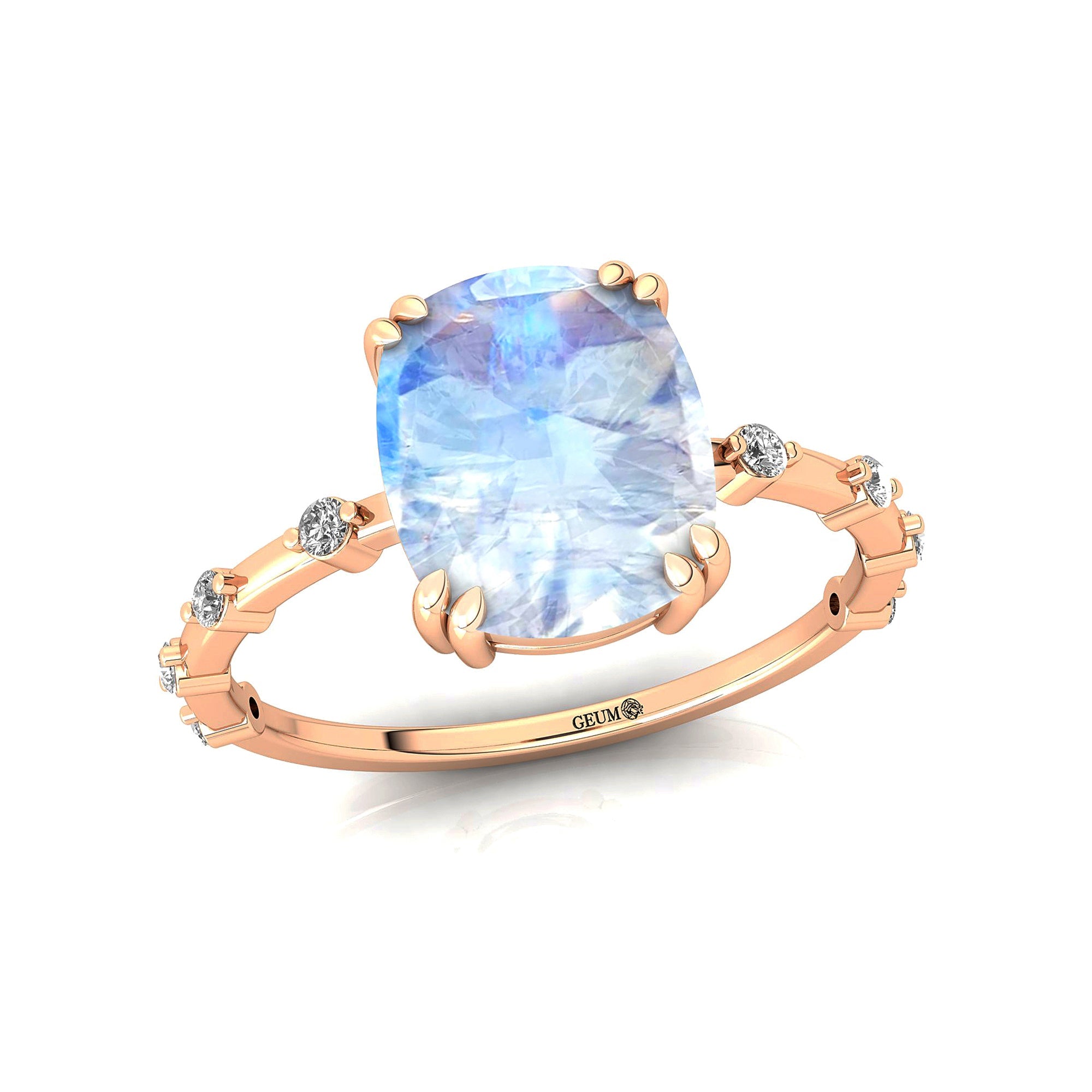 Cushion Cut Moonstone Engagement Ring with Distant Diamond Band - GeumJewels